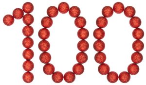 The number 100 in red beads