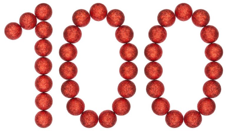 The number 100 in red beads
