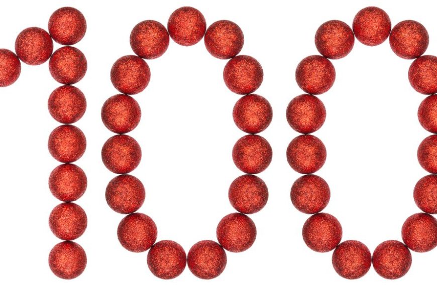The number 100 in red beads