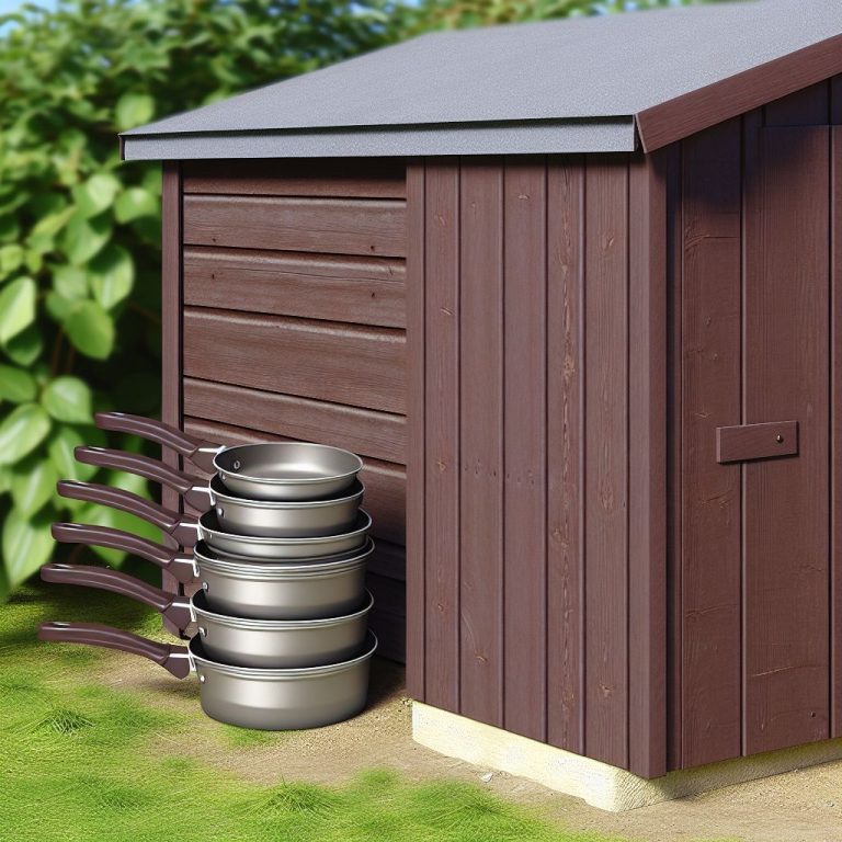 Ai-generated image showing some very large frying pans next to a shed