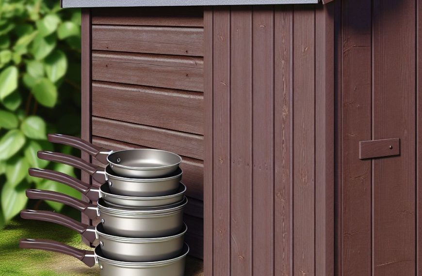 Ai-generated image showing some very large frying pans next to a shed